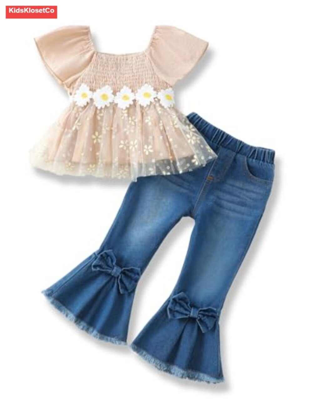 Toddler Girl Outfit Set Puff Sleeve Smocked Top Flare Bell Bottom Jeans